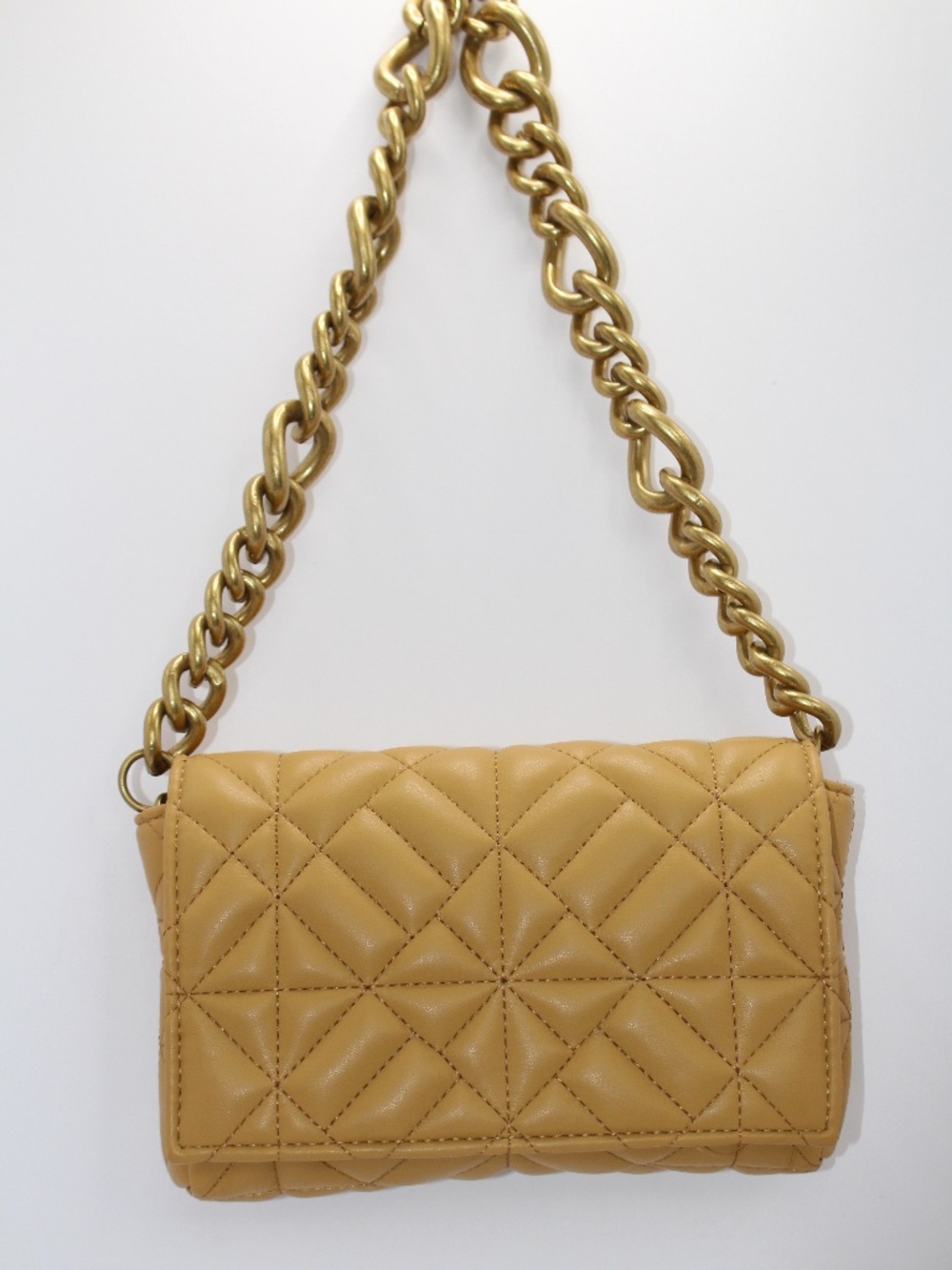 ZARA Quilted Mustard Leather Crossbody Shoulder Bag Gold Chain Medium